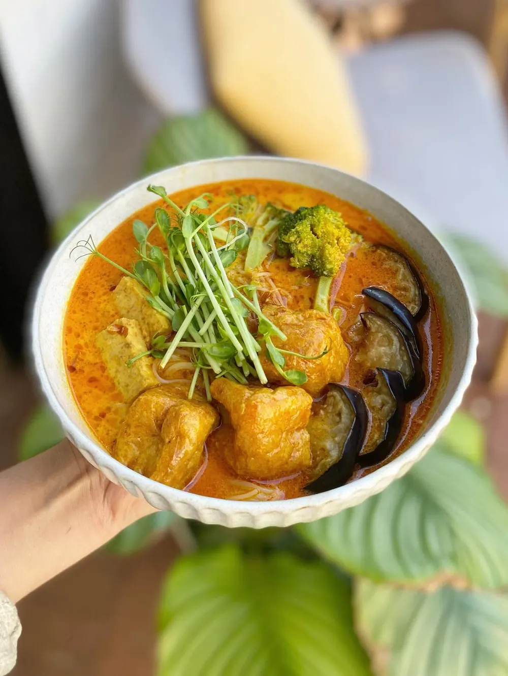 Laksa noodles in spicy coconut curry soup with tofu, eggplant and pea shoots